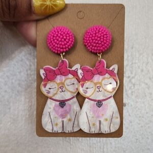 Cute Pink Cat Stud Drop Earrings Cistume Plastic Jewelry NWOT